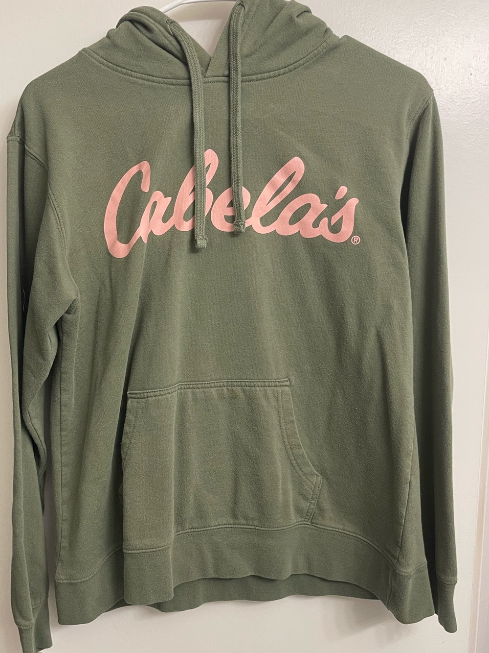 Cabela's Olive Hooded Sweatshirt with Pink Script Logo